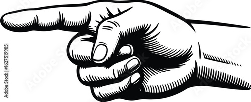 Engraved hand points to the left, a vintage illustration with detailed linework that evokes retro design and classic art, ideal for directional signage or graphic elements.