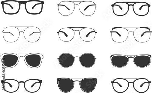 Eyeglasses and sunglasses icon collection, fashion glasses silhouette set, optical eyewear accessory designs, flat vector illustration