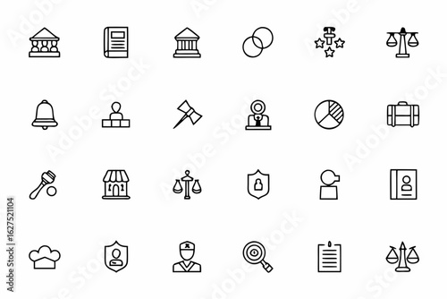 A dramatic yet elegant collection of one-line justice system visuals. Ideal for law firm presentations, e-learning, and microstock content.