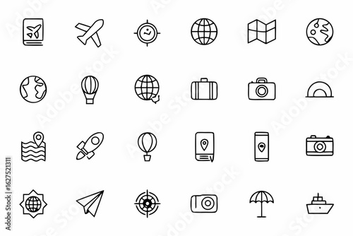 A sleek and modern line art set capturing the excitement of travel and exploration — perfect for travel agencies, tour brochures, and digital branding.