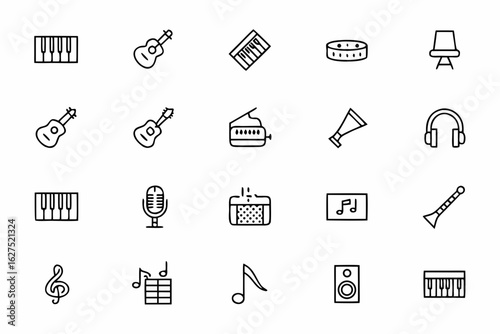 A sophisticated bundle showcasing musical learning tools and instruments in clean, single-line style. Perfect for music school branding, educational posters, and class materials.