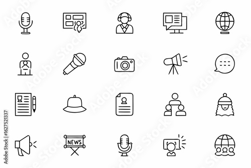 A versatile line art set inspired by the tools and symbols of real-time news — designed for stock platforms, educational resources, and branding kits.
