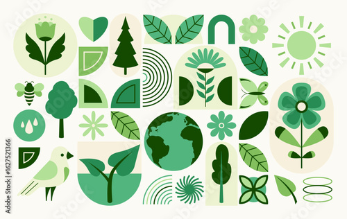 Green geometric nature vector pattern in minimal flat style – eco leaf, flower, globe, bird composition