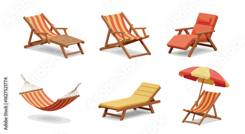 Collection of various deck chairs and hammock illustrations on white background