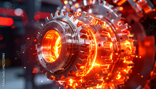 Close-up of a red-hot metal gear glowing with intense heat during a manufacturing process.