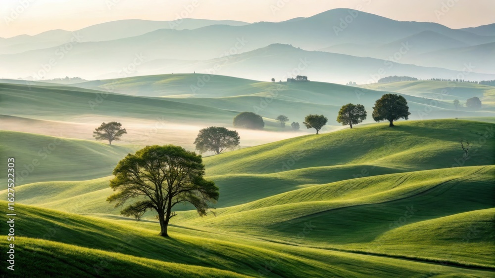 Fototapeta premium Rolling tuscan hills with trees in morning mist