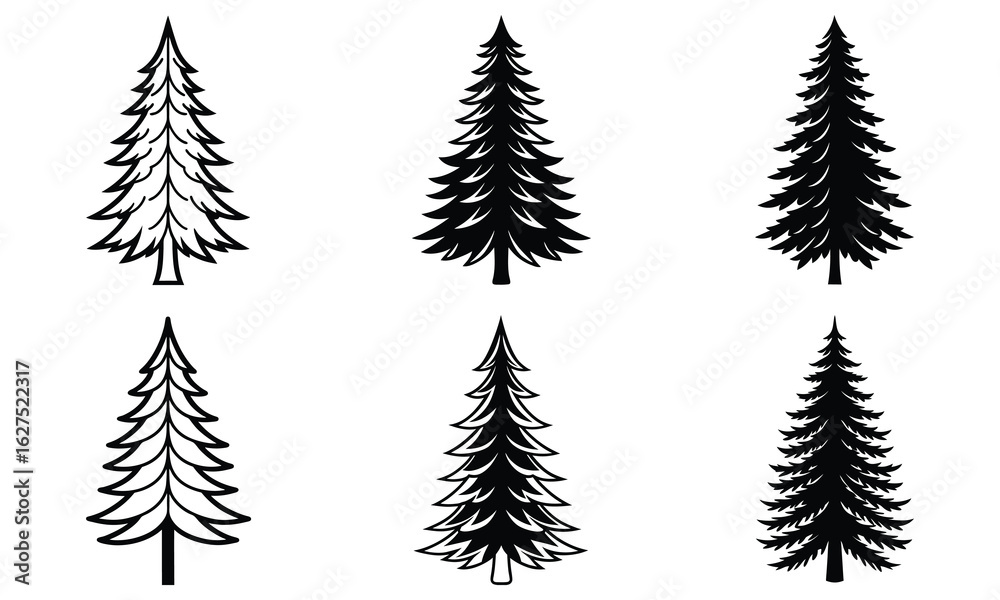 Obraz premium Stylized fir tree silhouette vector set with detailed branches