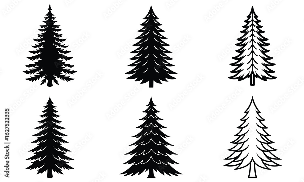 Fototapeta premium Detailed fir tree silhouette set