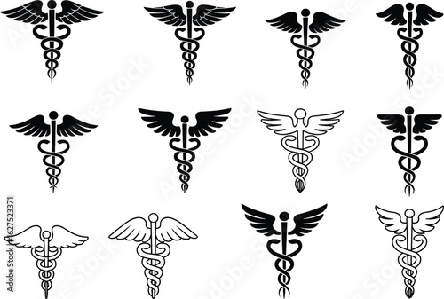 Caduceus medical symbol set, healthcare emblem with wings and snake, professional doctor logo, flat vector illustration