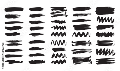 Collection of hand drawn brush strokes and abstract paint splatters for graphic design