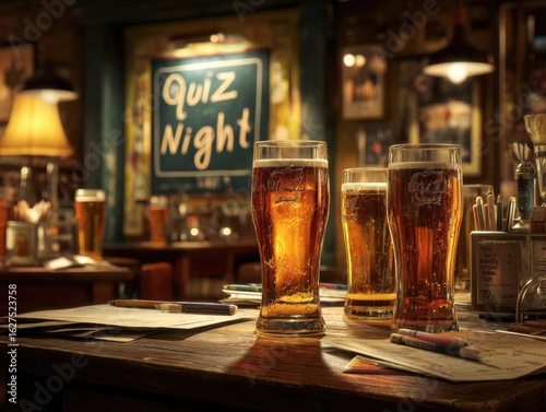 Friends enjoy drinks during a quiz night at a cozy pub. Lively atmosphere features illuminated tables, colorful beverages, and excitement in the air as participants engage in friendly competition.