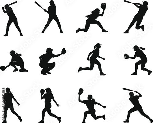 Female softball players silhouette in action poses, batting, catching, pitching, running, fielding, flat vector illustration
