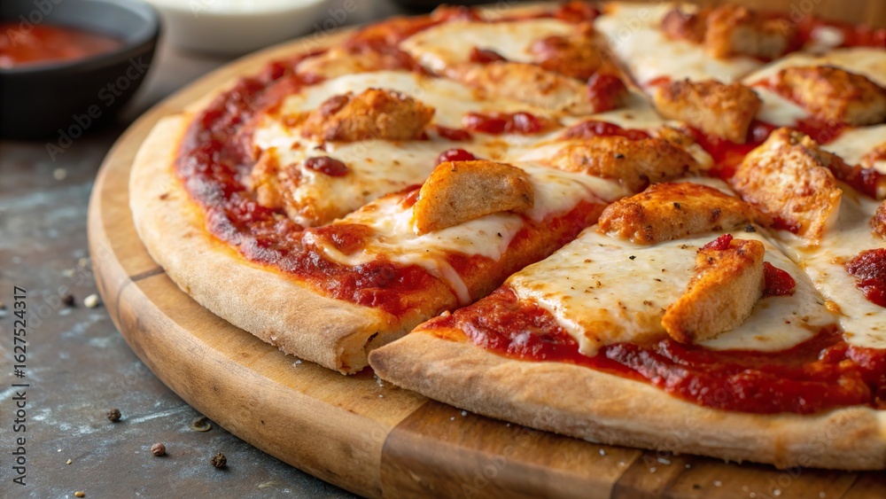 Buffalo chicken pizza with spicy red sauce captivating taste buds at a cozy pizzeria Buffalo chicken pizza with spicy red sauce captivating taste buds at a cozy pizzeria