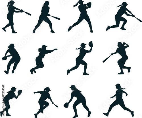 Female softball players silhouette collection, women playing baseball, swinging bat, pitching, catching, running, flat vector illustration
