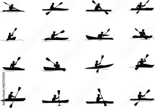 Silhouette kayak paddler icons collection, person kayaking in river or lake, outdoor adventure flat vector illustration