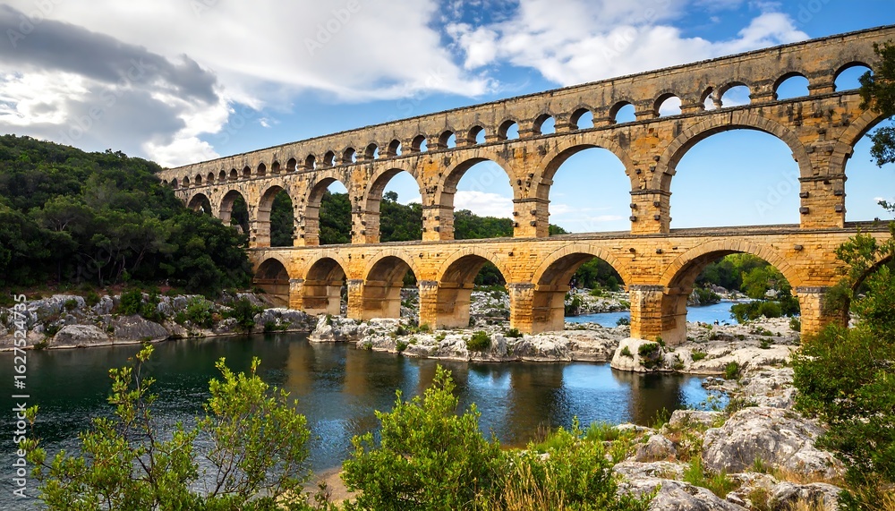 Fototapeta premium Ancient stone bridge over a river under a partly cloudy sky
