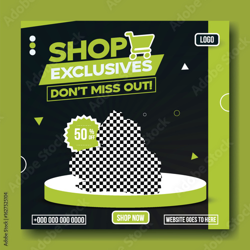 Bright green athletic shoes displayed on a pedestal with a sale announcement for exclusive shop offers