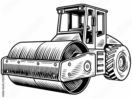 Road Roller Construction Vehicle Black and White Drawing
