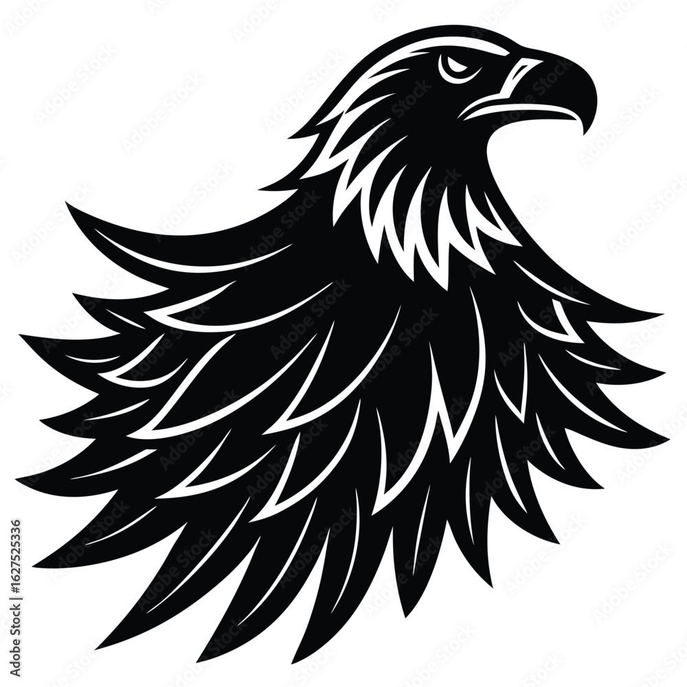 Fototapeta premium Black silhouette of a bald eagle head and chest with stylized feathers white