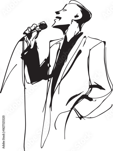  Minimalist one-line drawing of a singer with a microphone, abstract and black-and-white only