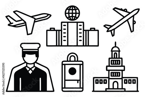 Collection of travel and hospitality icons featuring airplanes hotel bellhop luggage and landmark buildings