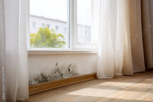 Dark mold is present along the baseboard near a bright window covered with sheer curtains, revealing signs of moisture in the room
