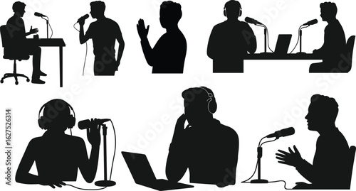 People recording podcast, speaking into microphone, podcast hosts, audio broadcasting, radio show recording, silhouette figures, flat vector illustration, headphones
