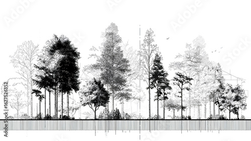 Architectural Drawings, Minimal style cad tree line drawing, Side view, set of section wetland forest outline for landscape design drawing. Vector illustration in seperate element Stock Vector