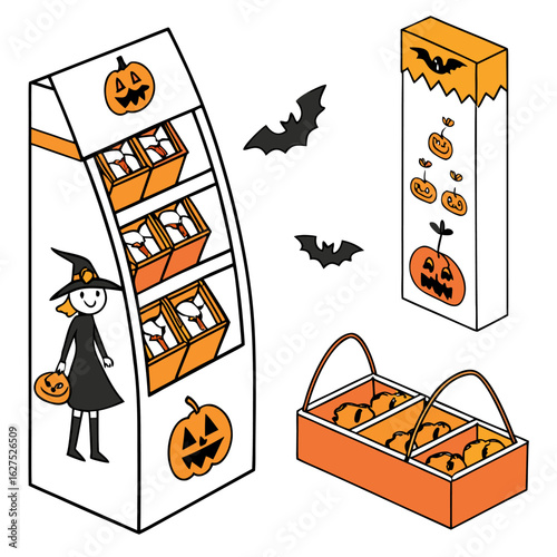 Whimsical halloween display featuring a witch pumpkins candy and bats perfect for seasonal decorations and treats