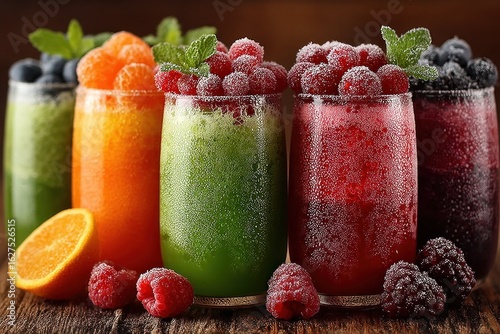 Wallpaper Mural Refreshing fruit beverages in vibrant colors are served in tall glasses, garnished with fruit and mint, sitting on a rustic wooden table Torontodigital.ca