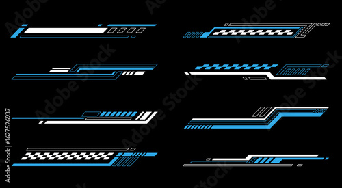 Set collection vector illustrations of modern futuristic sports design elements in blue and white feature sleek lines dynamic shapes and digital patterns for stylish race car decals graphic