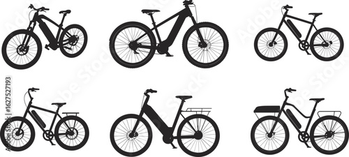 Set of electric bicycle silhouette icons, e-bike designs, battery powered bikes, cycling gear, flat vector illustration