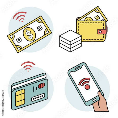 Digital payment methods featuring contactless transactions with cash wallet credit card and smartphone illustrations