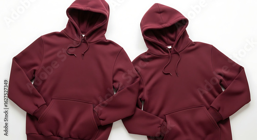 Two blank maroon pullover hoodie sweatshirts, flat lay apparel design mockup