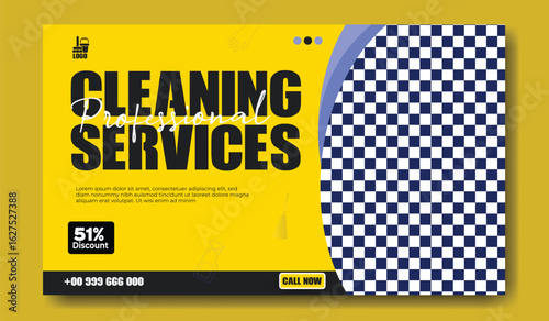 Professional cleaning services advertisement with a worker scrubbing a floor