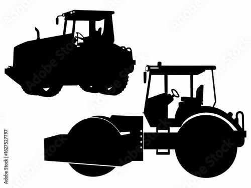 Road Roller Construction Vehicles Set Black and White Silhouettes