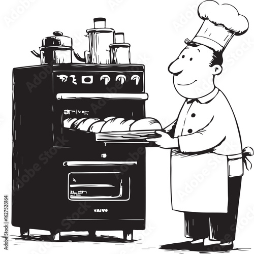 One-line illustration in black and white of a baker removing bread from the oven.