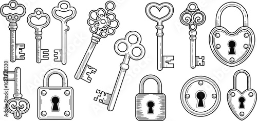 Vintage keys and padlocks illustration, hand drawn antique key collection, classic lock design, security element, flat vector illustration