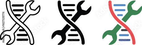 Genetic engineering concept with wrench and DNA strand icon