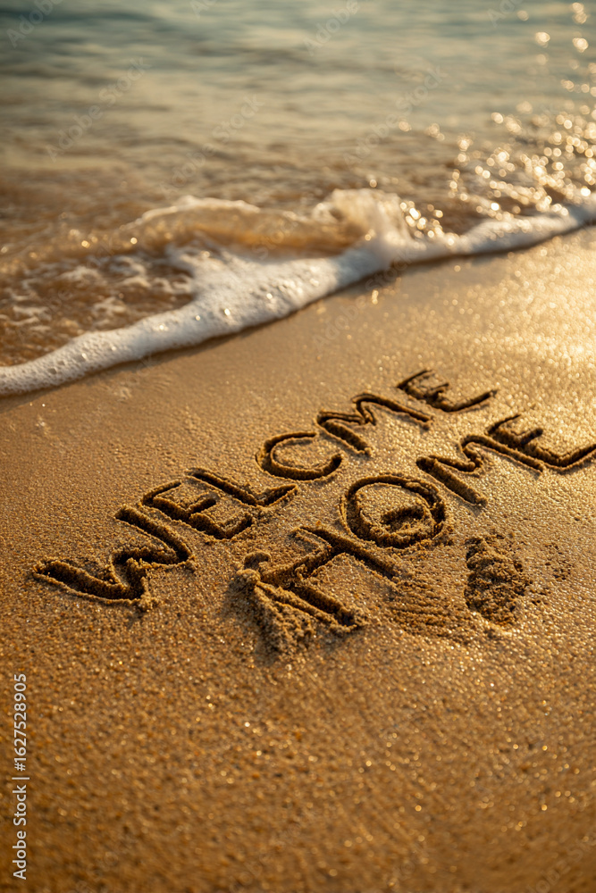 Fototapeta premium Welcome Home in Wet Golden Sand Beside Minimalist One-Line Family Hug Drawing Near Gentle Ocean Wave Foam, Vertical with Copy Space