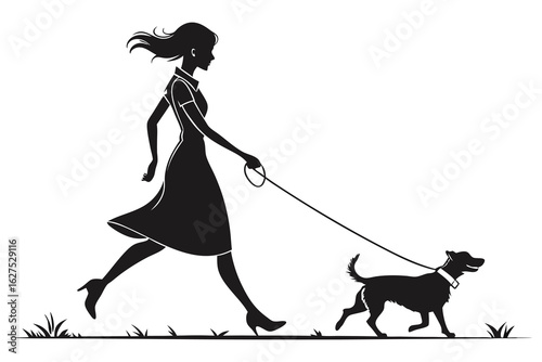 Stylish Woman Walking a Dog Silhouette Vector,Woman walking dog on leash in silhouette,Silhouette of a Stylish Woman Walking Her Dog, woman walking a dog on a leash representing companionship,Ai
