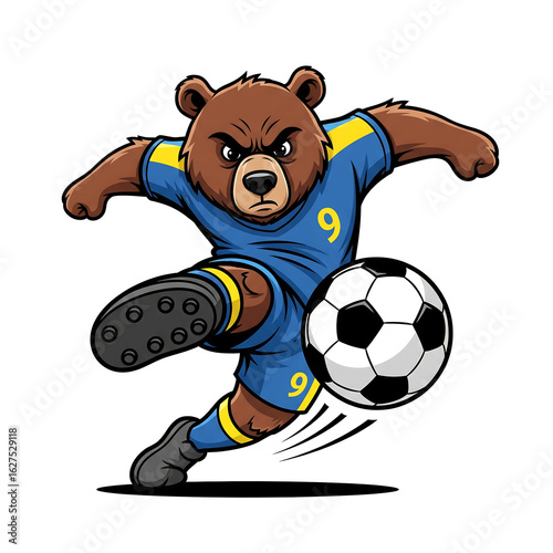 Bear playing soccer isolated on white background