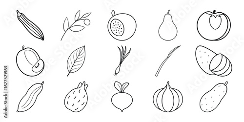 Collection of hand drawn fruit and vegetable sketches isolated on white background