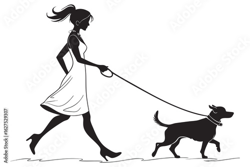 Stylish Woman Walking a Dog Silhouette Vector,Woman walking dog on leash in silhouette,Silhouette of a Stylish Woman Walking Her Dog, woman walking a dog on a leash representing companionship,Ai