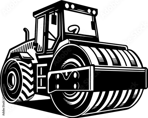 Road Roller Construction Vehicle Black and White Drawing