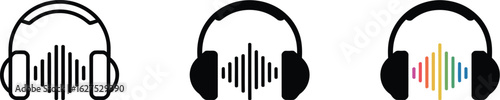 Listen now with headphones and audio spectrum graphic icons set