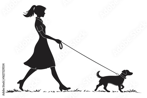 Stylish Woman Walking a Dog Silhouette Vector,Woman walking dog on leash in silhouette,Silhouette of a Stylish Woman Walking Her Dog, woman walking a dog on a leash representing companionship,Ai