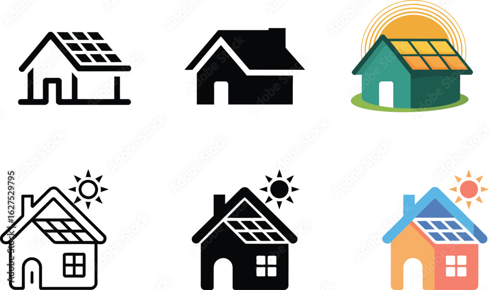 Fototapeta premium Modern eco home solar panels sun power icon set for websites