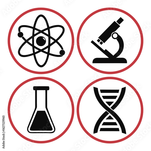 Group of Science Icons with Atom Microscope and Test Tube