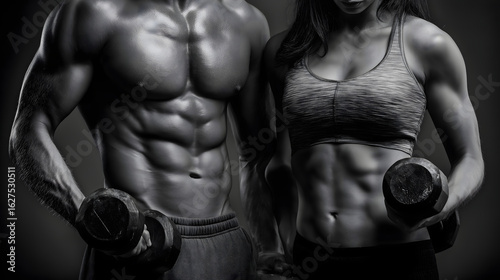 Muscular Couple Training with Dumbbells - Powerful Male and Female Athletes Showing Definition Against Dark Background